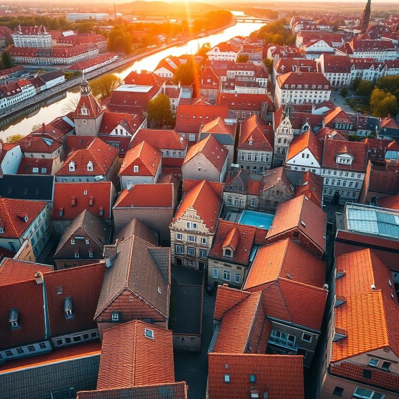 Panorama dachów wrocławskiej starówki o złotej godzinie